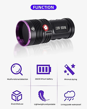 Đèn pin sạc cầm tay tia cực tím (UV) cao cấp Terino D6000-UV (365nm, 120W)- Hàng chính hãng
