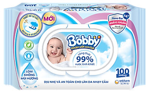 Combo Tiết Kiệm: Thùng 16 Gói Khăn Ướt Bobby Care Không Hương 100 Miếng/Gói tặng 15 khẩu trang Unicharm Nhật Bản