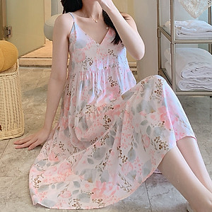 Váy 2 dây cho nữ mặc nhà vải lanh mềm mát, dáng xòe, nhiều họa tiết, freesize từ 45 đến 75 kg