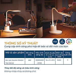 Đèn bàn Philips bảo vệ mắt Bucket DSK214 7W - Điều chỉnh độ sáng, êm dịu cho đôi mắt khỏe đẹp