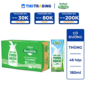 Thùng Sữa Tươi Tiệt Trùng NutiMilk Có Đường 180ml (Hộp 180ml x 48)