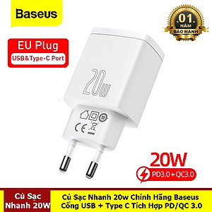 Củ Sạc Nhanh 20W Cổng USB + Type C Tích Hợp PD/QC 3.0 - Hàng Chính Hãng Baseus