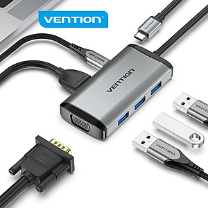 Bộ chuyển đổi Type-C sang VGA + HDMI + 3 cổng USB 3.0 + Sạc Type-C PD 87W Vention TGSHB (6 in 1) - hàng chính hãng