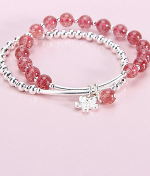 Vòng tay 2 line đá thạch anh dâu phối charm hoa bạc mệnh hỏa, thổ - Ngọc Quý Gemstones