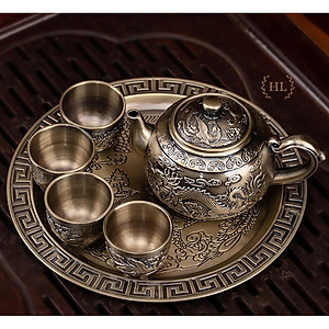 Bộ ấm trà đồng Long Phụng Sum Vầy | Bộ ấm trà 4 -6 ly cao cấp hoa văn họa tiết Long Phụng phú quý đại cát