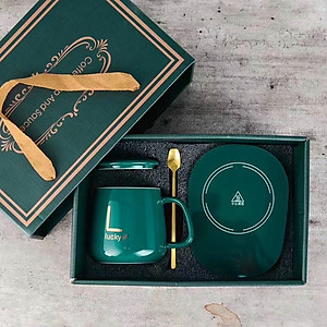Cốc Hâm Nóng Đồ Uống Kèm Đế Điện, Bộ Ly Sứ Kèm Đế Điện Hâm Nóng Trà, Cafe, Hâm Sữa Kèm Thìa Vàng, Hộp Sang Trọng Giao Màu Ngẫu Nhiên