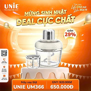Máy xay thịt UNIE UM366, công suất 400W, 2 cối thủy tinh tiện lợi, động cơ đồng cao cấp;  xay thịt, đánh ruốc, bóc tỏi tiện lợi; hàng chính hãng bảo hành 12 tháng