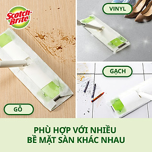 Khăn ướt thay thế cây lau siêu tốc Scotch Brite 3M, 28 cm x 21cm, 8 miếng/gói, kháng khuẩn 99,9%, hương trà xanh thơm mát, tĩnh điện giúp hút và giữ bụi bẩn, tóc,… , phù hợp với nhiều bề mặt