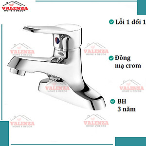 Vòi chậu lavabo nóng lạnh 2 chân Valenza 1402 chất liệu đồng thau mạ crome cho chậu rửa mặt 3 lỗ, chân ốc đồng kèm dây cấp nước inox-Nước chảy mạnh