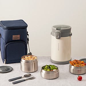 Bộ Hộp Cơm Giữ Nhiệt Lock&Lock Easy Carry 2L LHC8039 Có Túi (1 Hộp 720ml, 2 Hộp 420ml Kèm 1 Bộ Muỗng Và Nĩa)