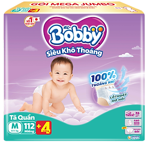 [TẶNG KÈM 4 MIẾNG] Tã quần Bobby Siêu Khô Thoáng - 100% Thoáng Khí Mega Jumbo M112+4