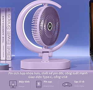 Quạt Để Bàn Tích Điện Mini 3 Cấp Độ Gió Teement, Tích Hợp Đèn Ngủ Động Cơ Không Tiếng Ồn Pin Pin 1200mah , Điều Chỉnh Lên Xuống 360°- Hàng Chính Hãng