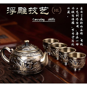 Bộ ấm trà đồng Long Phụng Sum Vầy | Bộ ấm trà 4 -6 ly cao cấp hoa văn họa tiết Long Phụng phú quý đại cát
