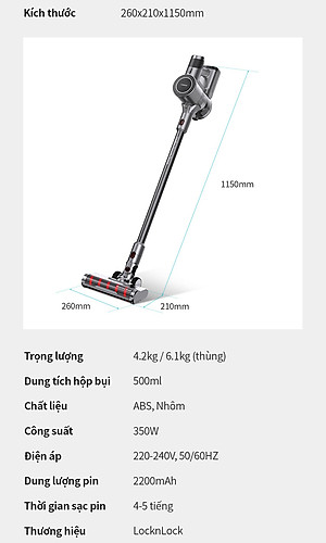 Máy hút bụi không dây Lock&lock ENV356GRY đa năng cầm tay 3 trong 1 (lau sàn, hút bụi, hút bụi giường nệm), động cơ BLDC (350W) - Hàng chính hãng