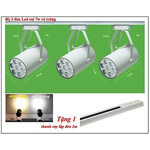 Combo 3 đèn rọi ray + 1 ray 1 mét vỏ trắng dùng cho trưng bày sản phẩm, chiếu rọi tranh