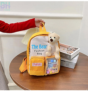 Balo kèm gấu bông xinh xắn BH Kids, chất vải Canvas, phù hợp với bé mẫu giáo, mầm mon - BHS34