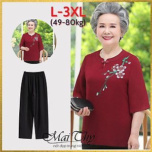 Đồ bộ nữ trung niên đồ bộ cho mẹ mặc nhà ống rộng, áo thêu hoa, vải voan mịn mát, có size lớn