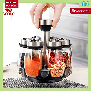 Bộ 6 lọ đựng gia vị thủy tinh chống vỡ xoay 360 độ,  Hũ đựng gia vị cao cấp loại 1 cho đồ dùng nhà bếp Vando
