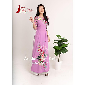 Áo dài Thúy Kiều in 3D lụa Nhật màu tím nhạt hoa hồng K14