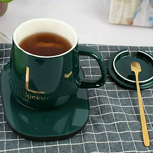 Cốc Hâm Nóng Đồ Uống Kèm Đế Điện, Bộ Ly Sứ Kèm Đế Điện Hâm Nóng Trà, Cafe, Hâm Sữa Kèm Thìa Vàng, Hộp Sang Trọng Giao Màu Ngẫu Nhiên