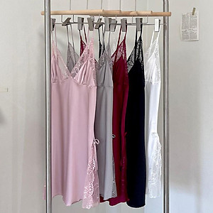 Q6 Váy ngủ lụa cao cấp  - Váy ngủ lụa phối ren xẻ tà - Đầm ngủ sexy hai dây gợi cảm- Váy ngủ nữ