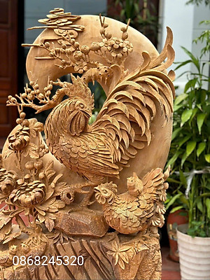 Tượng gia đình gà phong thủy bằng gỗ ngọc am kt 86×66×37cm 