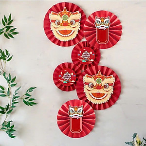 BỘ QUẠT GIẤY ĐỎ 6 CHIẾC – HÌNH ĐẦU LÂN TRANG TRÍ TẾT / TRUNG THU (khách tự ráp lại thành phẩm theo hình)