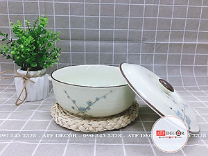 Âu cơm men kem Bát Tràng cao cấp vẽ hoa đào xanh