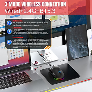 Chuột Led RGB Không Dây chống ồn T90s đa kết nối Bluetooth 5.3 + Usb 2.4 + Cáp 3600Dpi Pin Sạc TypeC hàng nhập khẩu