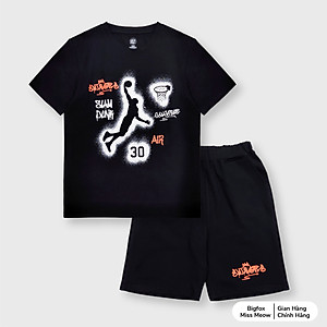 Đồ bộ bé trai cộc tay Hàn Quốc Bigfox Miss Meow  size đại áo ngắn tay quần đùi vải cotton in bóng rổ cỡ 12-15 tuổi 40kg 50kg