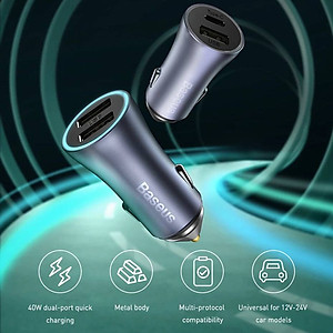 Tẩu củ sạc nhanh 40W cổng PD type c và USB hiệu Baseus Goldern Contactor  Pro đa năng cho xe hơi / xe ô tô trang bị LED đổi màu, Quick Charge 3.0 / Quick Chagre 4.0, PD 3.0, smartchip BPS 2.0 - Hàng nhập khẩu