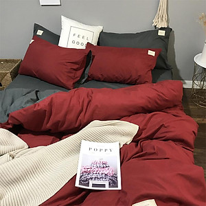 Bộ Chăn Ga Gối Cotton Tici LIDACO - Đỏ Đô Ga Xám