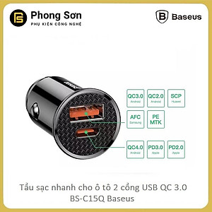 Tẩu sạc trên ô tô Baseus 2 cổng (USB +Type) sạc nhanh Q.C 4.0 30W c- Hàng Chính Hãng