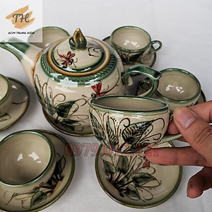 Bộ ấm chén Bát Tràng men bóng vẽ Chuồn khoai đủ phụ kiện