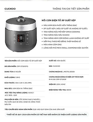 Nồi cơm điện tử áp suất kép Cuckoo 1.08L CRP-ST0610FG - Lòng nồi phủ men Xwall độc quyền - Bảng điều khiển thông minh - Nhiều chế độ nấu ăn - Sản xuất tại Hàn- Hàng chính hãng Cuckoovina Quốc- Chính hàng Cuckoovina