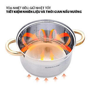 Bộ Nồi 5 Đáy Cao Cấp Núm Vàng Sunhouse SH781 Quay Mạ Vàng Cao Cấp (16cm, 20cm, 24cm) - Dùng Cho Mọi Loại Bếp - Hàng Chính Hãng