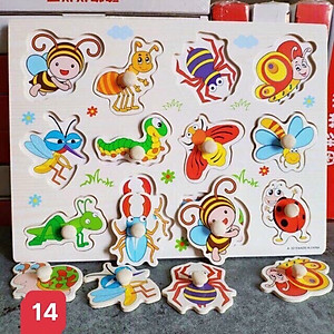 Đồ Chơi Trẻ Em - Đồ Chơi Xếp Hình - Combo 6 Bảng Núm Gỗ Cho Bé (Trái cây, Rau củ, Chữ, Số, Thú rừng, Thú biển)