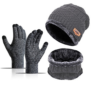 Mũ len nam nữ trùm đầu kèm khăn quàng cổ và găng tay ấm áp thời trang mùa đông