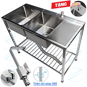 COMBO Chậu Rửa Bát Inox Có Chân 100x48x81cm Kiểu 2 Hộc 1 Cánh Tiện Nghi Rộng Rãi - Đủ bộ gồm chậu, xi phông, chân và vòi rửa, tặng vòi hút xà bông