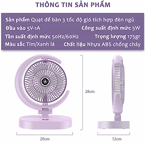 Quạt Để Bàn Tích Điện Mini 3 Cấp Độ Gió Teement, Tích Hợp Đèn Ngủ Động Cơ Không Tiếng Ồn Pin Pin 1200mah , Điều Chỉnh Lên Xuống 360°- Hàng Chính Hãng