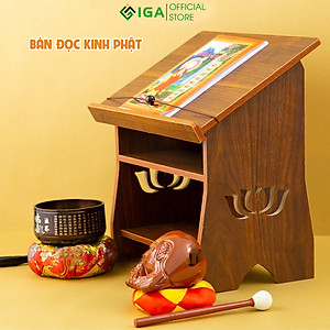 Bàn để sách đọc kinh phật họa tiết hoa sen 3 tầng có kệ để chuông mõ thương hiệu IGA - GP270