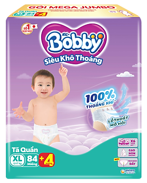 [TẶNG KÈM 4 MIẾNG] Tã quần Bobby Siêu Khô Thoáng - 100% Thoáng Khí Mega Jumbo - XL84