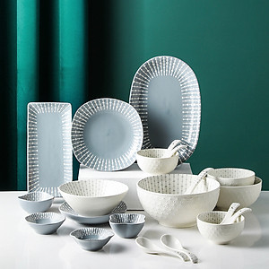 Bộ bát đĩa chén đĩa cao cấp Gosu họa tiết giọt nước màu trắng xám sang trọng