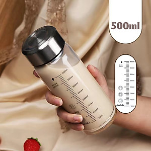 Chai Thủy Tinh Nắp Inox Có Thang Chia Vạch Chịu Nhiệt Tốt Dung Tích 350ml - 500ml Tặng Kèm Túi Giao Màu Ngẫu Nhiên