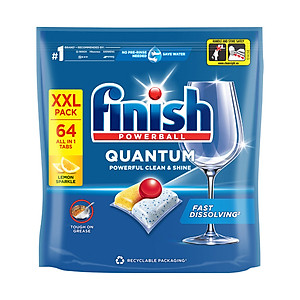 Túi 64 Viên Rửa Chén Bát Finish Powerball Quantum 12x sức mạnh, túi lớn siêu tiết kiệm