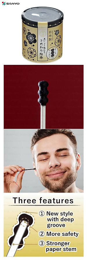 Hộp 150 tăm bông ngoáy tai than hoạt tính đầu xoắn Sanyo Swab - Made in Japan
