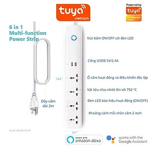 Ổ Cắm Dài Thông Minh Wifi TUYA 4 Chấu & 2 cổng USB, điều khiển độc lập app Tuya Smart Life, Hẹn giờ Bật Tắt