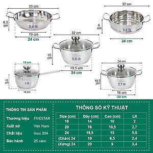 Bộ Nồi Inox 3 Đáy Gồm 3 Nồi 1 Chảo 1 Xửng Fivestar FS08CG1 - Hàng Chính Hãng