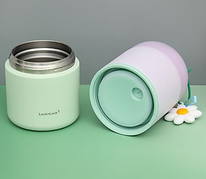 Bộ 2 hộp cơm giữ nhiệt LocknLock New Tower Vacuum Lunch Box LHC8055VOL thép không gỉ 304 kèm muỗng và họa tiết trang trí