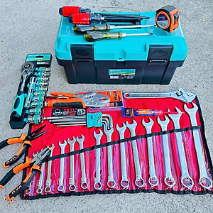 Bộ dụng cụ 46 món đồ sửa chữa xe máy, máy móc: hộp đựng đồ, cle, mỏ lết, lục giác, tuýp, tô vít.GF46